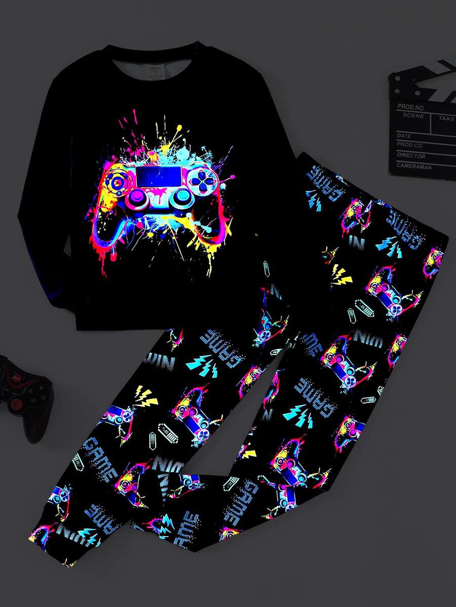 Piyama Anak Laki-laki Remaja 2 Potong Motif Konsol Game Fluorescent, Kerah Bulat, Lengan Panjang, Celana Panjang, Kasual, Nyaman, Pas di Rumah, Cocok untuk Musim Gugur/Dingin, Acara Keluarga, Pesta Piyama, Pemotretan. - MultiWarna - View 1