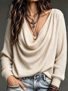 Glimmora Women's Minimalist Versatile Cowl Neck Long Sleeve Sweatshirt For Daily Wear - Apricot - View 1