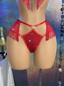 MidnightGlam 女款流蘇設計掛脖內衣與丁字褲性感內衣套裝 - 紅色 - 查看 4