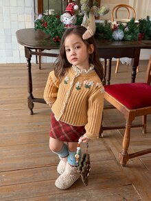 DAZY Infant/Toddler (Girl) Autumn/Winter Long Sleeve Colorblock 3D Korean Style Versatile Cardigan - Khaki - View 3
