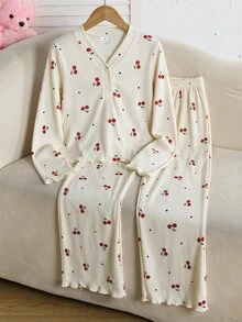 SHEIN Tween女孩可愛甜美極簡彩色小蝴蝶結圖案V領半開襟波浪邊長袖居家舒適睡衣套裝2件組 - 粉色 - 查看 6