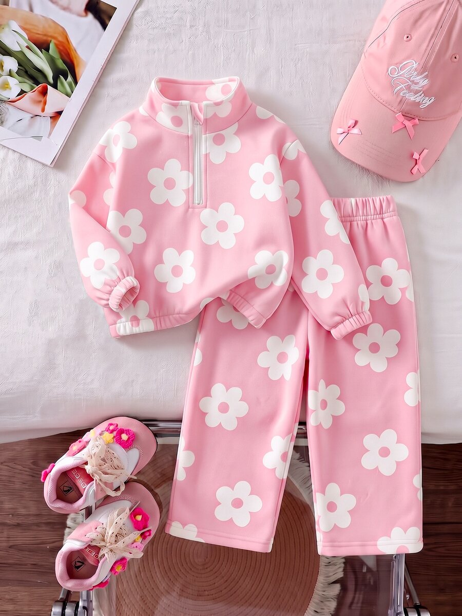 SHEIN 女童卡其棕豹紋保暖內裡兩件套,半拉鍊立領上衣 + 寬腿褲 - 彩色 - 查看 1