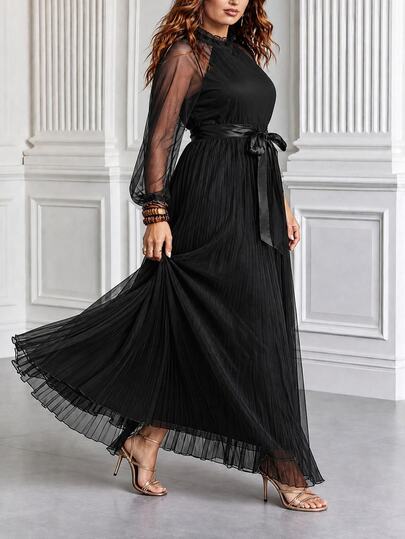 SHEIN Elenzya Plus Size Women's Autumn/Winter New Mesh Pleated Black Solid Color Frill Trim Stand Collar Lantern Long Sleeve Satin Bowknot Tie-Up High Waist Party Banquet Elegant Slimming Fashion Versatile Long Dress