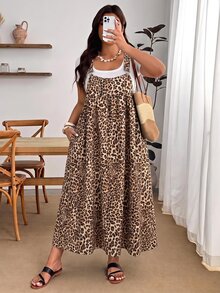 Enliva Plus Size Leopard Print Casual Vacation Strap Dress - Mocha Brown - View 6