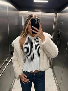 SHEIN ICON Black And White Striped Backless Halter Knit Tank Top - Black and White - View 1