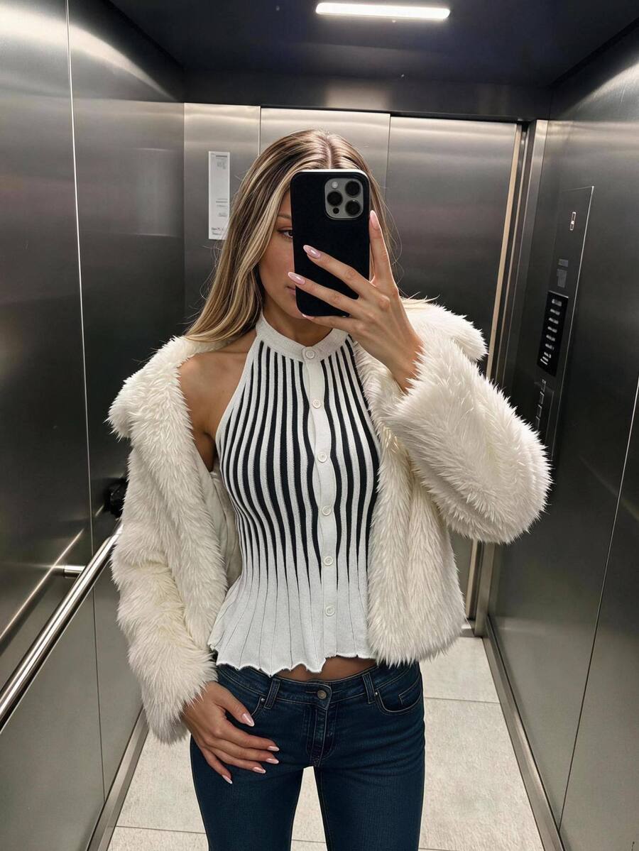 SHEIN ICON Black And White Striped Backless Halter Knit Tank Top - Black and White - View 1