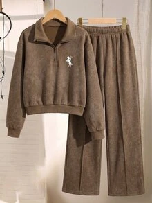 SHEIN 青少年女孩 2 件套套裝：保暖抓絨內裡半拉鍊運動衫與寬鬆寬腿運動長褲，休閒秋冬運動風運動服套裝 - 棕色 - 查看 4