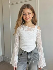 Tween女孩秋冬休閒優雅蕾絲露肩領修身喇叭袖長袖T恤，適合秋季出遊、返校、日常穿著、假日派對、萬聖節、聖誕節 - 白色 - 查看 1