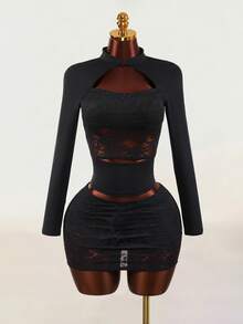 Mistrie Women's Sexy Cutout Streetwear Lace Patchwork Top - Black - View 6