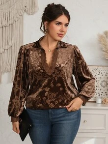 EMERY ROSE Plus Size Women's Autumn/Winter Party Casual Vacation Deep Brown Floral Print Velvet Lace Trim Patchwork Cute Blouse Shirt Top,Fall, Country - Chocolate Brown - View 4