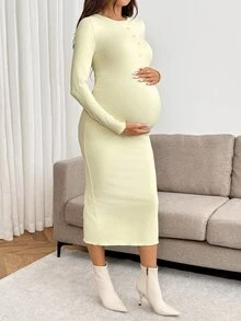 SHEIN Đầm bầu ôm dáng thanh lịch màu trơn, cổ tròn, tay dài, vạt trước cài nút nửa ngực, mùa thu - Màu vàng - Xem 1