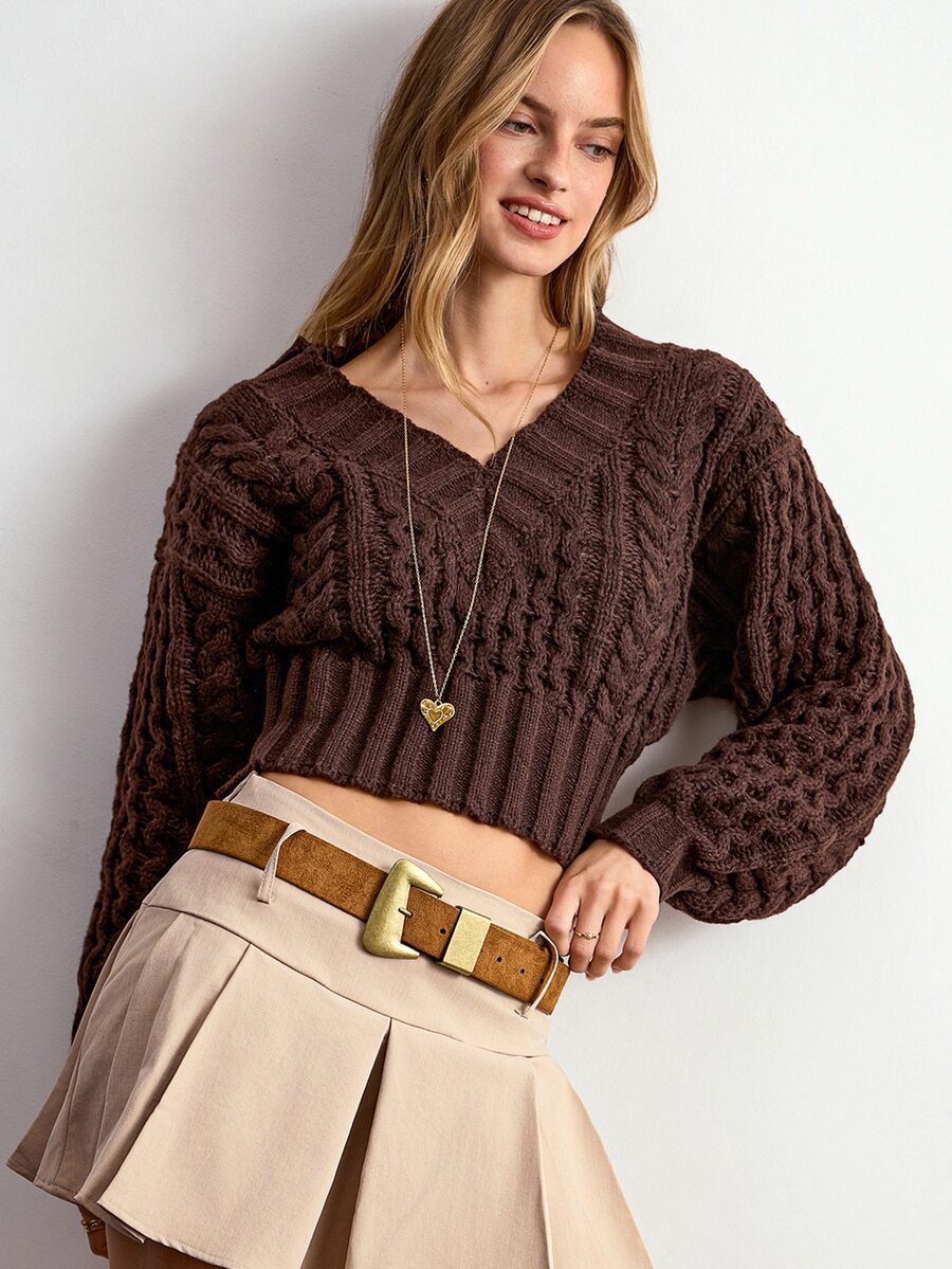 Willow Rêve Women's Brown V-Neck Jacquard Pullover Sweater - Brown - View 1