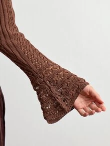 Willow Rêve Women's Brown Open Front Jacquard Knit Cardigan With Bell Sleeves - Rust Brown - View 7
