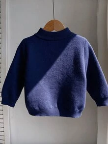 SHEIN 中性嬰兒男孩/女孩、幼兒秋冬保暖內裡加厚立領半鈕扣開襟針織衫，保暖加厚 - 藏蓝色 - 查看 2