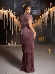 Glamrae Plus Size Elegant Luxurious Lotus Pink Beaded Embroidered Patchwork Multi-Layer Tassel 2 Pieces Shawl Fitted Mermaid Hem Heavy Work Evening Gown Suitable For Wedding, Event, Party, Ball, Vacation, Guest Dress - Dusty Pink - View 3