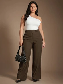 SHEIN PETITE CURVE 大尺碼女款純色高腰鈕扣設計休閒寬腿長褲 秋季 - 巧克力棕 - 查看 3