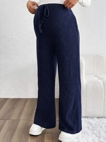 SHEIN 純色前綁帶簡約休閒孕婦長褲 秋季 - 藏蓝色 - 查看 4