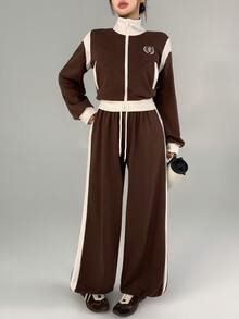 DAZY Women's Colorblock Long Sleeve Top And Pants Casual Daily Sports Set - Brown - View 10