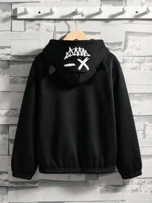 SHEIN 男童酷炫小惡魔角連帽拉鍊運動外套，鬼臉圖案搭配連帽小惡魔角設計，寬鬆落肩版型，活動自在，個性街頭風，適合日常上學、戶外旅行、休閒購物及秋冬出遊 - 彩色 - 查看 2