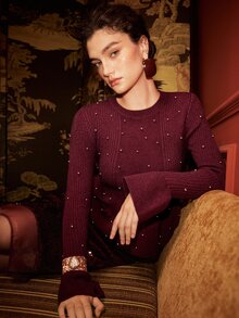 Arave 女款極地抓絨面料修身珠飾設計優雅約會毛衣 - 酒紅色 - 查看 8