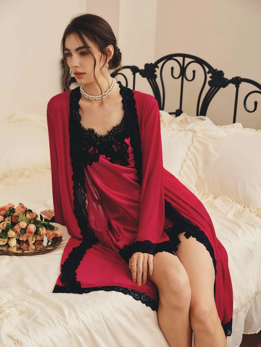 Côtesoire Women's Lace Patchwork Asymmetrical Hem Nightgown With Cardigan Pajama Set - Burgundy - View 1