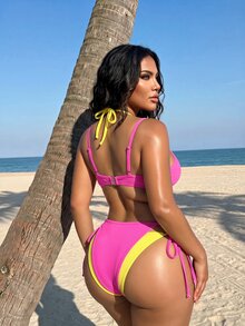 Slaydiva Contrast Color Rose Pink & Yellow Faux Two-Piece Sexy Plus Size Swimsuit Set - Multicolor - View 2