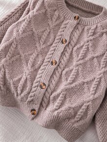 SHEIN 女童純色針織圓領花瓣袖休閒開襟外套 秋冬毛衣 - 卡其色 - 查看 6