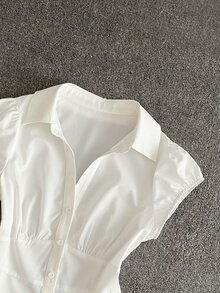IslaSuriya 女款純色包袖前排扣簡約設計夏季休閒襯衫 - 白色 - 查看 4