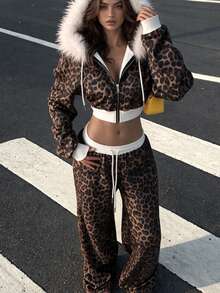 SuriyaCove New Leopard Print Hooded Fur Collar Sweatshirt Jacket & Leopard Print Casual Long Pants 2pcs Set - Multicolor - View 3