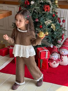 DAZY Infant (Girl) Round Neck Lace Ruffle Trim Long Sleeve Patchwork T-Shirt And Long Pants 2 Pieces Set - Pink - View 4