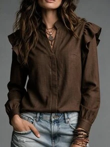 INAWLY Women's Solid Color Notch V-Neck Patchwork Ruffle Long Sleeve Blouse - Brown - View 3