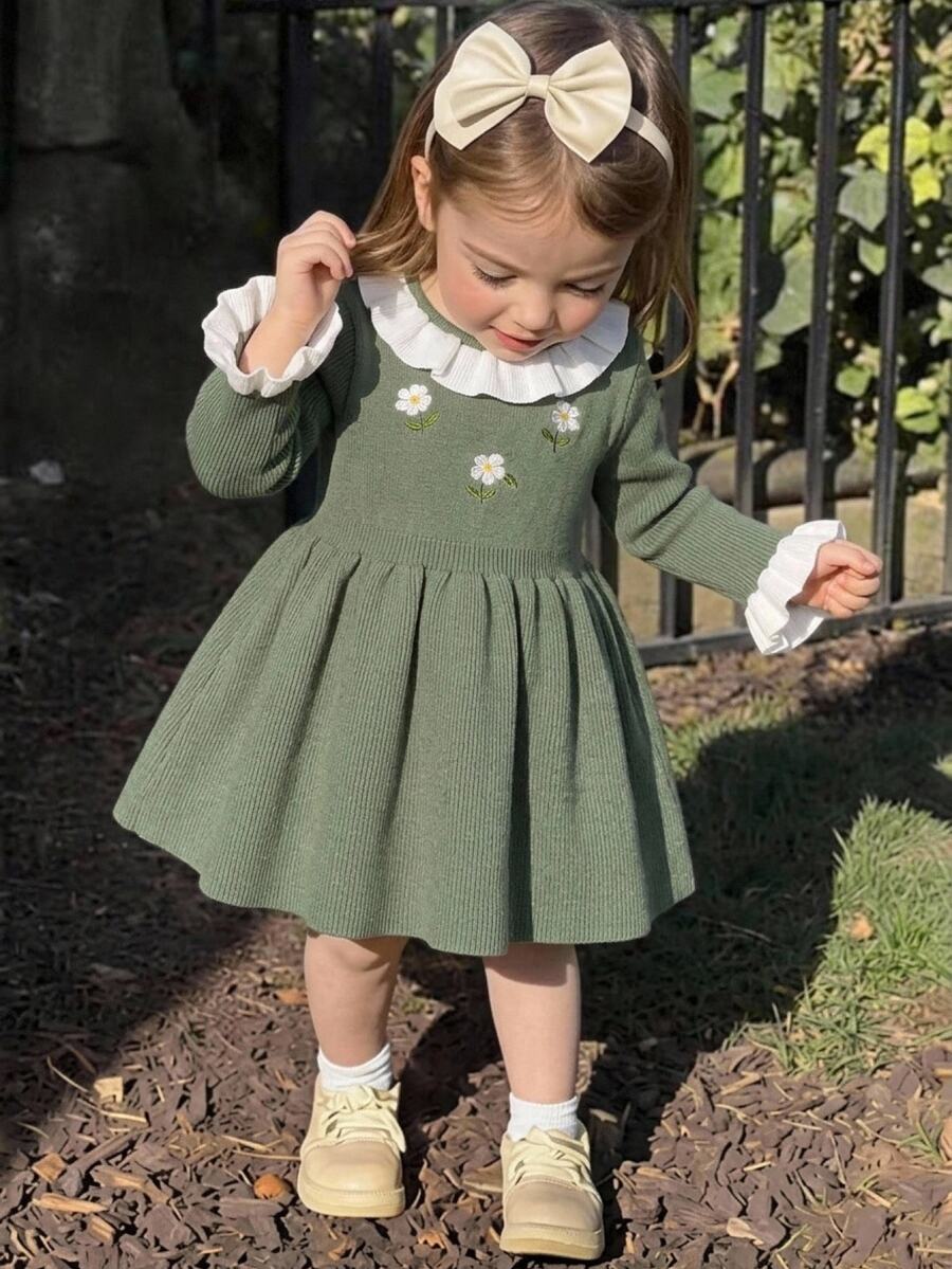 Cozy Pixies Baby Girl Knitted Colorblock Ruffle Hem Cute Floral Pattern Sweater Dress Autumn - Multicolor - View 1