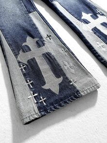 ROMWE MEN 男士休閒日常牛仔褲，十字刺繡圖案與側邊口袋設計 - 藍黑色 - 查看 2