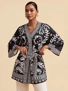 Travachic Women's All-Over Print Waist Tie Casual Versatile Long Sleeve Jacket - Black - View 5