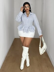 Maweii Plus Size Blue & White Vertical Striped Cinched Waist Cropped Shirt, Ruffle Hem, Turn-Down Collar, Long Sleeve, Slimming Commuter Blouse - Blue and White - View 5