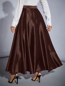 SHEIN Tall 高腰純色喇叭派對女款大寬擺裙，適合高個女性 - 咖啡棕 - 查看 2