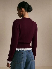 Poéselle 女款麻灰色柔軟針織開襟衫，抽繩收腰長袖舒適毛衣，甜美風秋季疊穿上衣，法式優雅，聖誕毛衣 - 酒紅色 - 查看 2