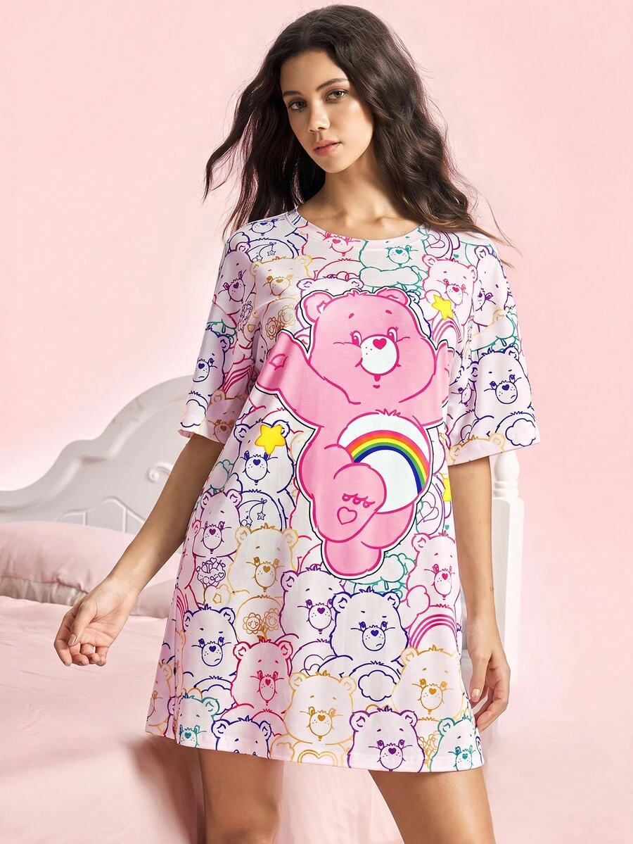 SHEIN X Care Bears 女款卡通印花圓領睡裙,適合日常穿著 - 粉色 - 查看 1