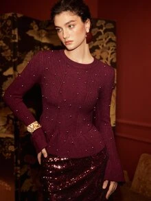 Arave 女款極地抓絨面料修身珠飾設計優雅約會毛衣 - 酒紅色 - 查看 5