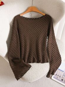 Story & Sage Kaos Liburan Lengan Panjang Bertekstur Kasual untuk Wanita - Coffee Brown - View 5