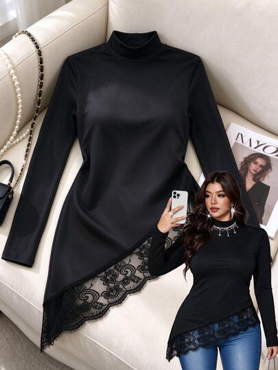Ceyna Top de manga larga con cuello alto sexy para mujer talla grande, con patchwork de encaje de pestañas asimétrico y dobladillo asimétrico, elegante camiseta versátil negra para ir al trabajo, fiestas, cenas nocturnas y citas