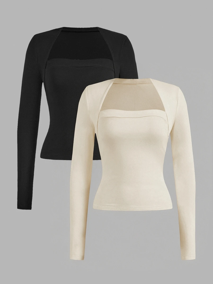 SHEIN EZwear 女款純色長袖休閒T恤(2件組) - 彩色 - 查看 1