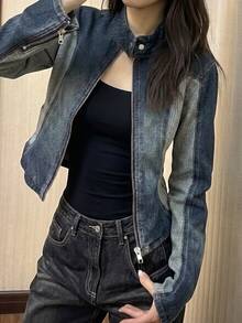 Livesso Women's Blue Washed Loose Fit Long Sleeve Short Denim Jacket With Turn-Down Collar, Button And Pocket Decor, Autumn - Blue - View 1