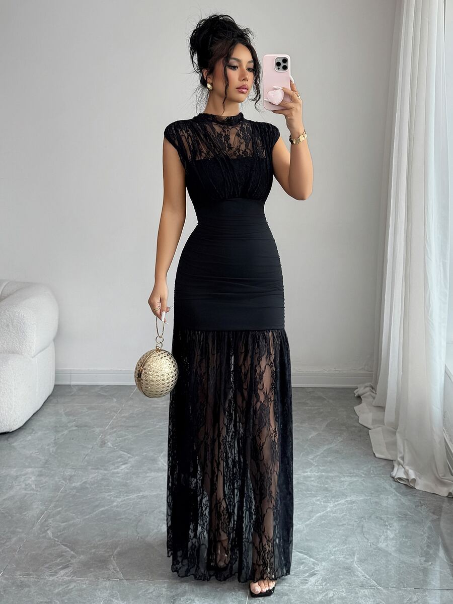 SHEIN PETITE Women's Contrast Lace Cap Sleeve Fitted Elegant Dress - Black - View 1