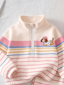 SHEIN 女童卡其棕豹紋保暖內裡兩件套，半拉鍊立領上衣 + 寬腿長褲，加厚保暖內裡 - 彩色 - 查看 3