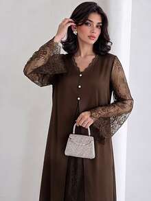Al Najma Autumn/Winter V-Neck Lace Long Sleeve Inner Layer Lace 2 In 1 Elegant Elegant Fashionable Generous Women's Dress - Brown - View 5
