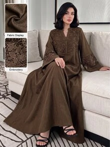 Al Najma Spring/Summer Fashion V-Neck Flared Sleeve Patchwork 3D Embroidered Lace Trim Full Skirt Dress - Brown - View 1