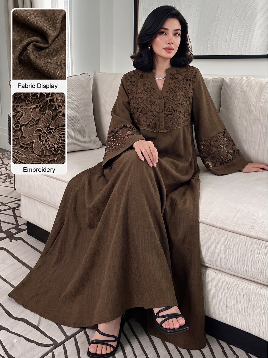 Al Najma Spring/Summer Fashion V-Neck Flared Sleeve Patchwork 3D Embroidered Lace Trim Full Skirt Dress - Brown - View 1