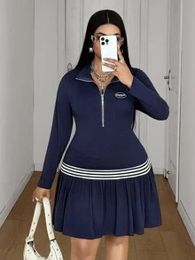 Maweii Plus Size Fashion Charming Lapel Zipper Fitted Ribbed High Elasticity Textured Fabric Ruffle Hem Long Sleeve Dress, Daily Outing, Sports Casual, Fashion Versatile, Autumn/Winter New Dress - Navy Blue - View 5