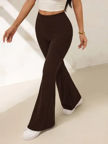 SHEIN PETITE 女款純色高腰休閒百搭日常喇叭褲 - 咖啡棕 - 查看 5
